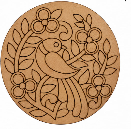 Bird & Floral Folk Art Round MDF Wall Art – DIY Craft Kit (Pre-Marked)