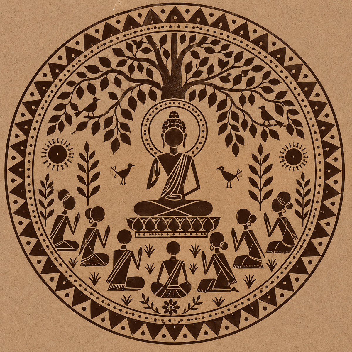 Warli Buddha Under Bodhi Tree with Meditating Devotees Engraved MDF Wall Art - DIY - Pre-Marked MDF