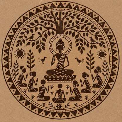 Warli Buddha Under Bodhi Tree with Meditating Devotees Engraved MDF Wall Art - DIY - Pre-Marked MDF