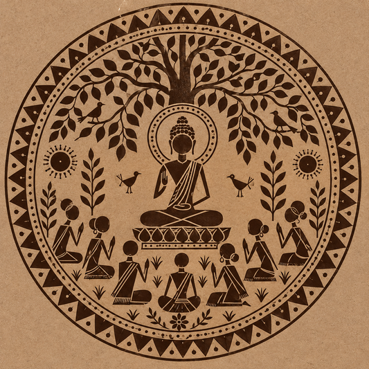 Warli Buddha Under Bodhi Tree with Meditating Devotees Engraved MDF Wall Art - DIY - Pre-Marked MDF