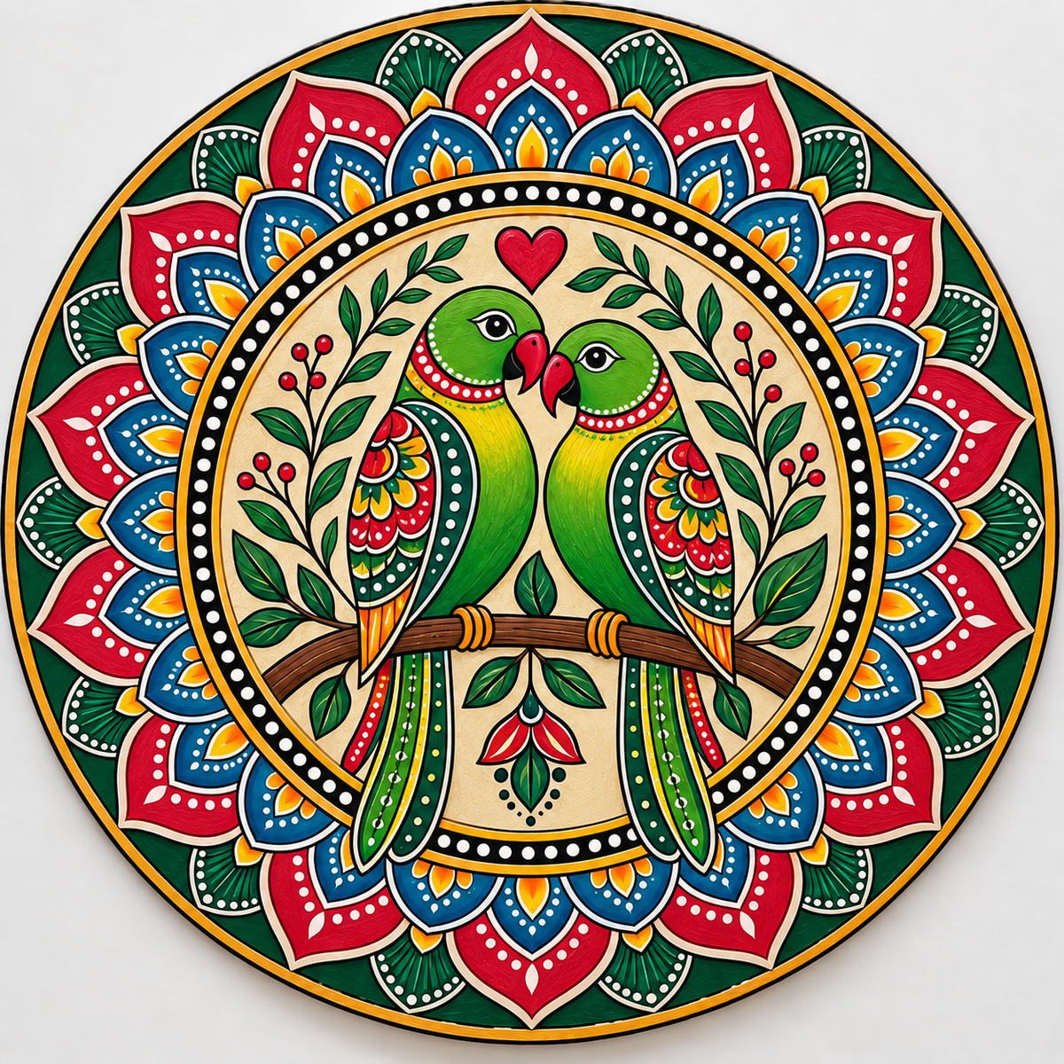 Pichwai Love Birds Parrot Couple with Full Mandala Background Engraved MDF Wall Art  - DIY - Pre-Marked MDF