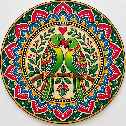 Pichwai Love Birds Parrot Couple with Full Mandala Background Engraved MDF Wall Art  - DIY - Pre-Marked MDF