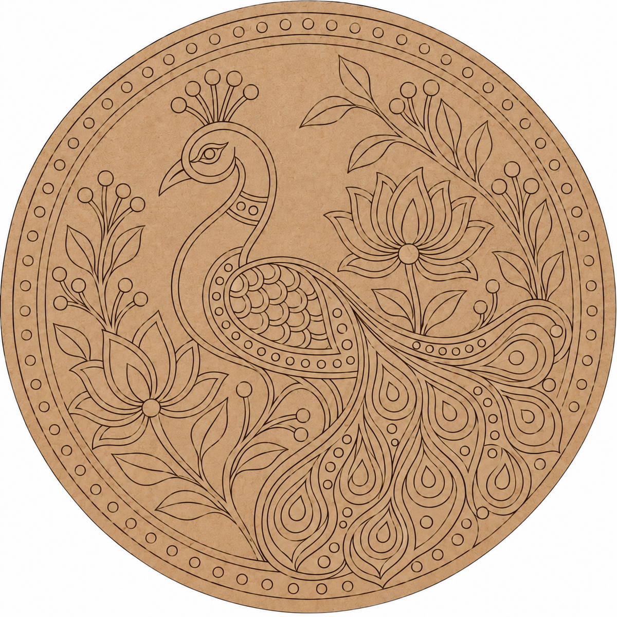 Royal Peacock with Lotus Engraved MDF Wall Art - DIY - Pre-Marked MDF