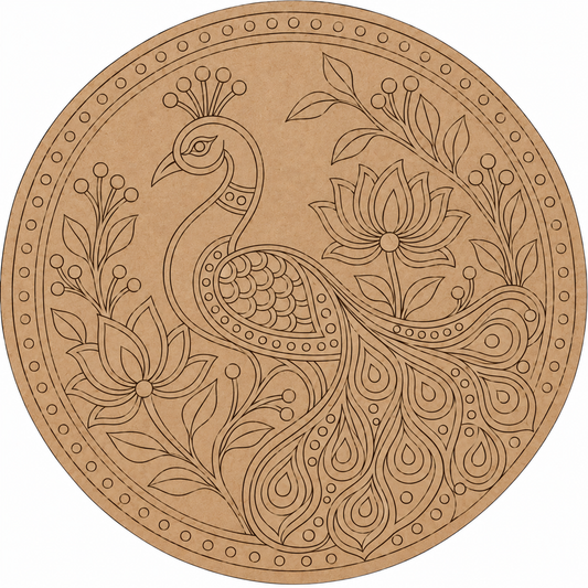 Royal Peacock with Lotus Engraved MDF Wall Art - DIY - Pre-Marked MDF
