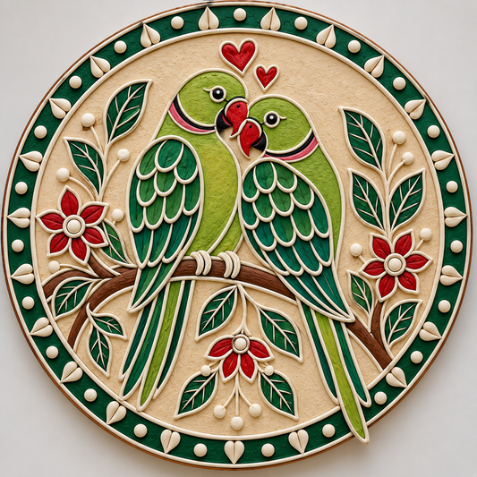 Madhubani Love Birds Parrot Couple with Floral Garden Engraved MDF Wall Art - DIY - Pre-Marked MDF
