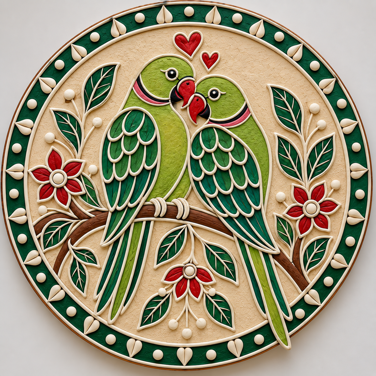 Madhubani Love Birds Parrot Couple with Floral Garden Engraved MDF Wall Art - DIY - Pre-Marked MDF