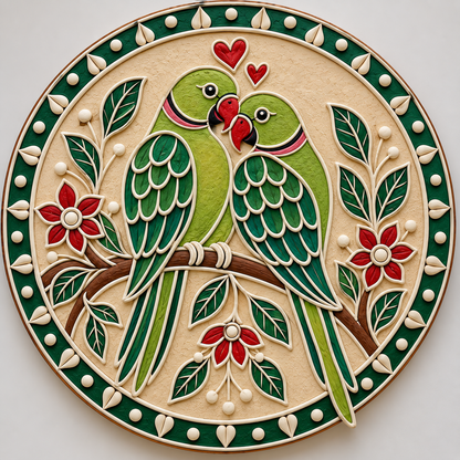 Madhubani Love Birds Parrot Couple with Floral Garden Engraved MDF Wall Art - DIY - Pre-Marked MDF