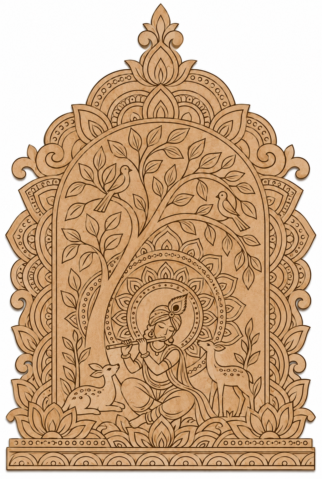 Kerala Mural Krishna Playing Flute in Vrindavan Mandala Jharokha Engraved MDF Wall Art - DIY - Pre-Marked MDF