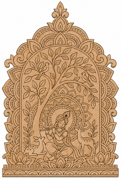 Kerala Mural Krishna Playing Flute in Vrindavan Mandala Jharokha Engraved MDF Wall Art - DIY - Pre-Marked MDF