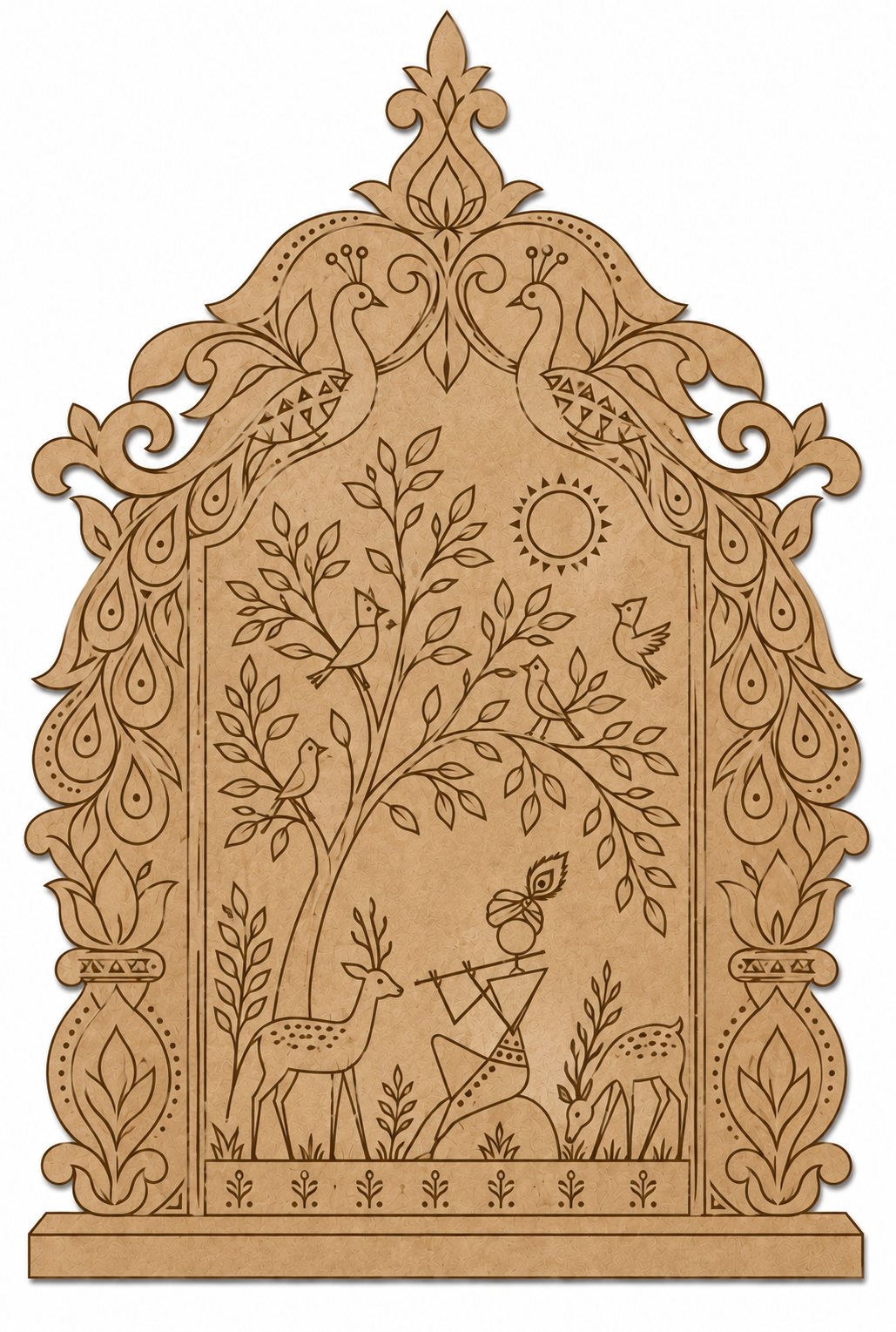 Warli Krishna Playing Flute in Vrindavan Jharokha Engraved MDF Wall Art - DIY - Pre-Marked MDF