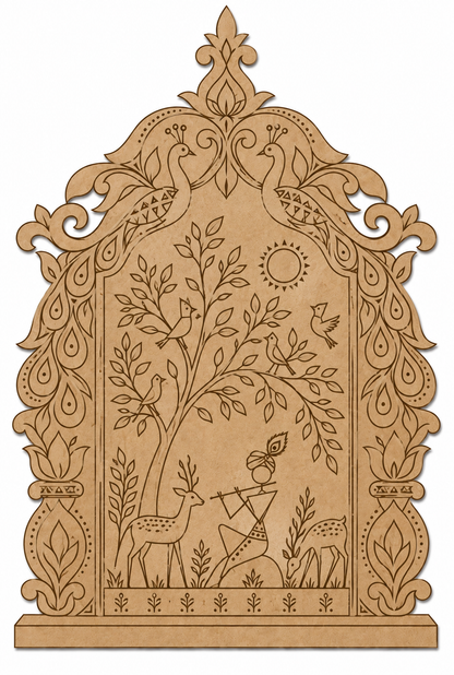 Warli Krishna Playing Flute in Vrindavan Jharokha Engraved MDF Wall Art - DIY - Pre-Marked MDF
