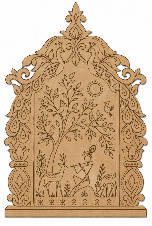 Warli Krishna Playing Flute in Vrindavan Jharokha Engraved MDF Wall Art - DIY - Pre-Marked MDF