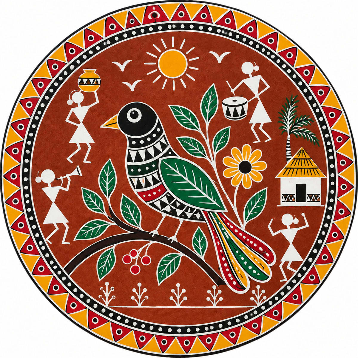 Warli Bird with Village Life & Sun Engraved MDF Wall Art - DIY - Pre-Marked MDF