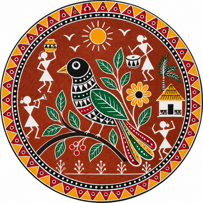 Warli Bird with Village Life & Sun Engraved MDF Wall Art - DIY - Pre-Marked MDF
