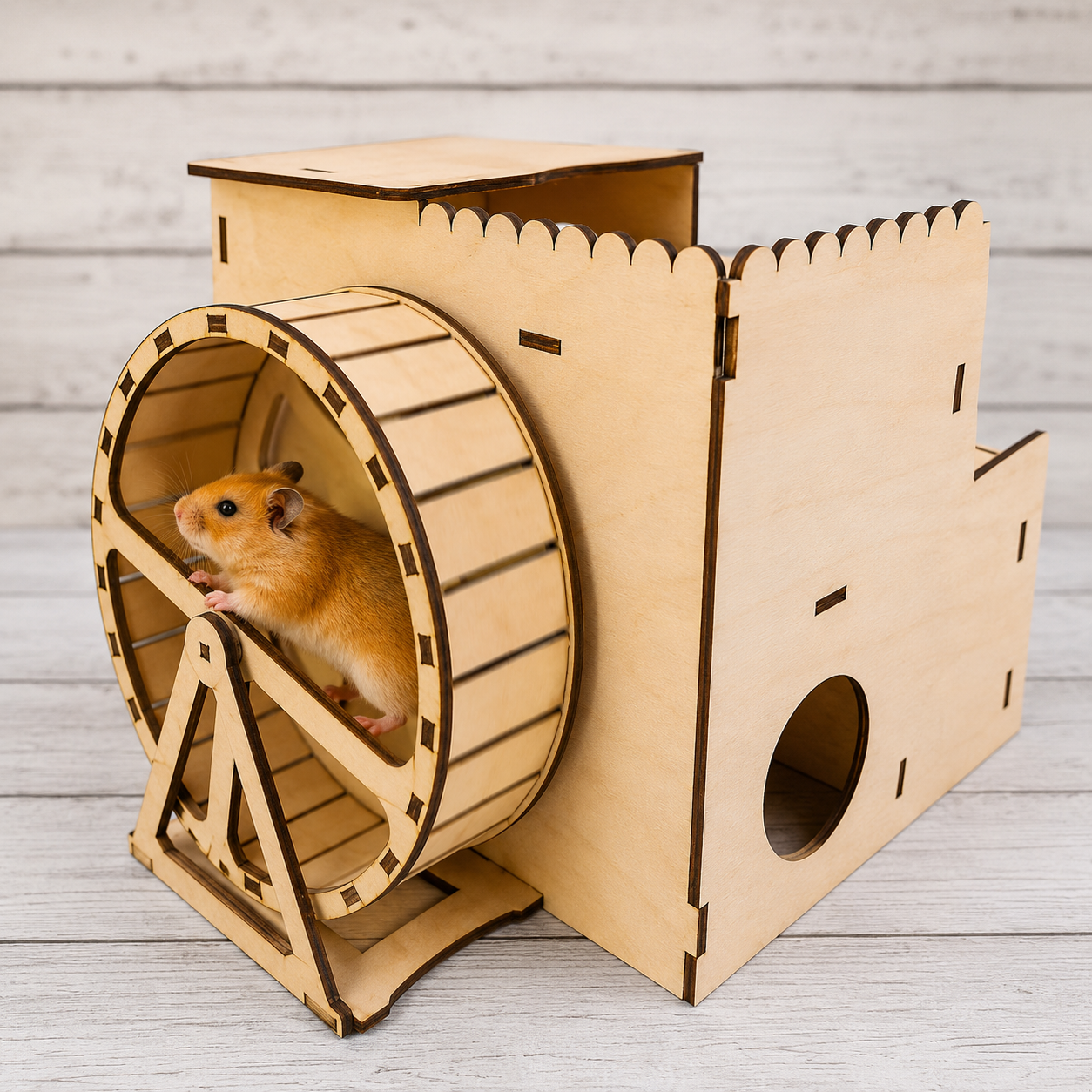 Wooden Hamster House with Exercise Wheel | DIY Small Pet Habitat | 2.5mm Pine MDF