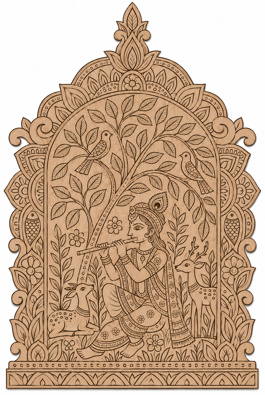 Madhubani Krishna Playing Flute in Vrindavan Jharokha with Fish Motif Engraved MDF Wall Art - DIY - Pre-Marked MDF