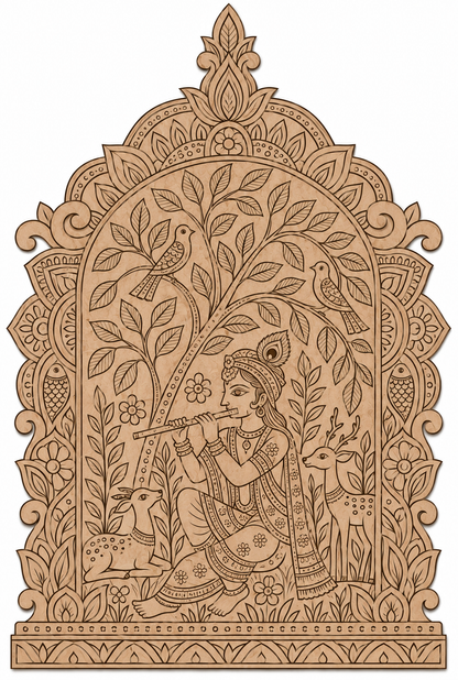 Madhubani Krishna Playing Flute in Vrindavan Jharokha with Fish Motif Engraved MDF Wall Art - DIY - Pre-Marked MDF