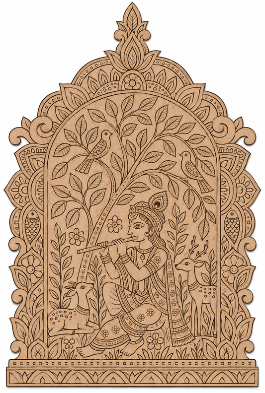 Madhubani Krishna Playing Flute in Vrindavan Jharokha with Fish Motif Engraved MDF Wall Art - DIY - Pre-Marked MDF