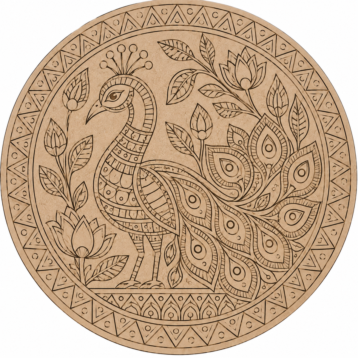 Kalamkari Peacock with Lotus & Foliage Engraved MDF Wall Art - DIY - Pre-Marked MDF