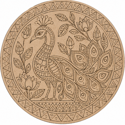 Kalamkari Peacock with Lotus & Foliage Engraved MDF Wall Art - DIY - Pre-Marked MDF