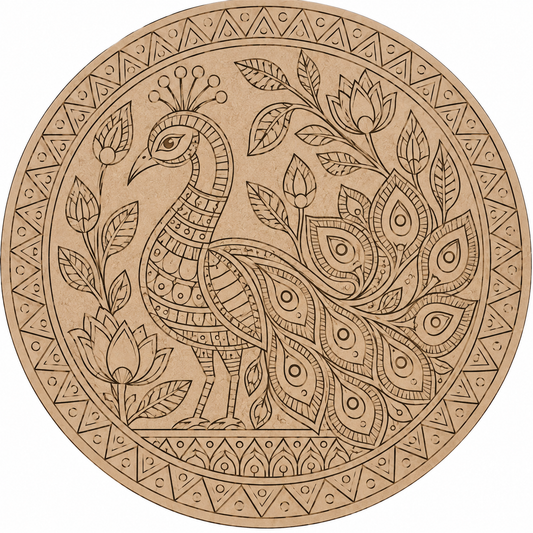 Kalamkari Peacock with Lotus & Foliage Engraved MDF Wall Art - DIY - Pre-Marked MDF