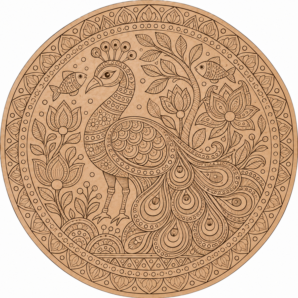 Madhubani Peacock with Fish & Lotus Engraved MDF Wall Art - DIY - Pre-Marked MDF