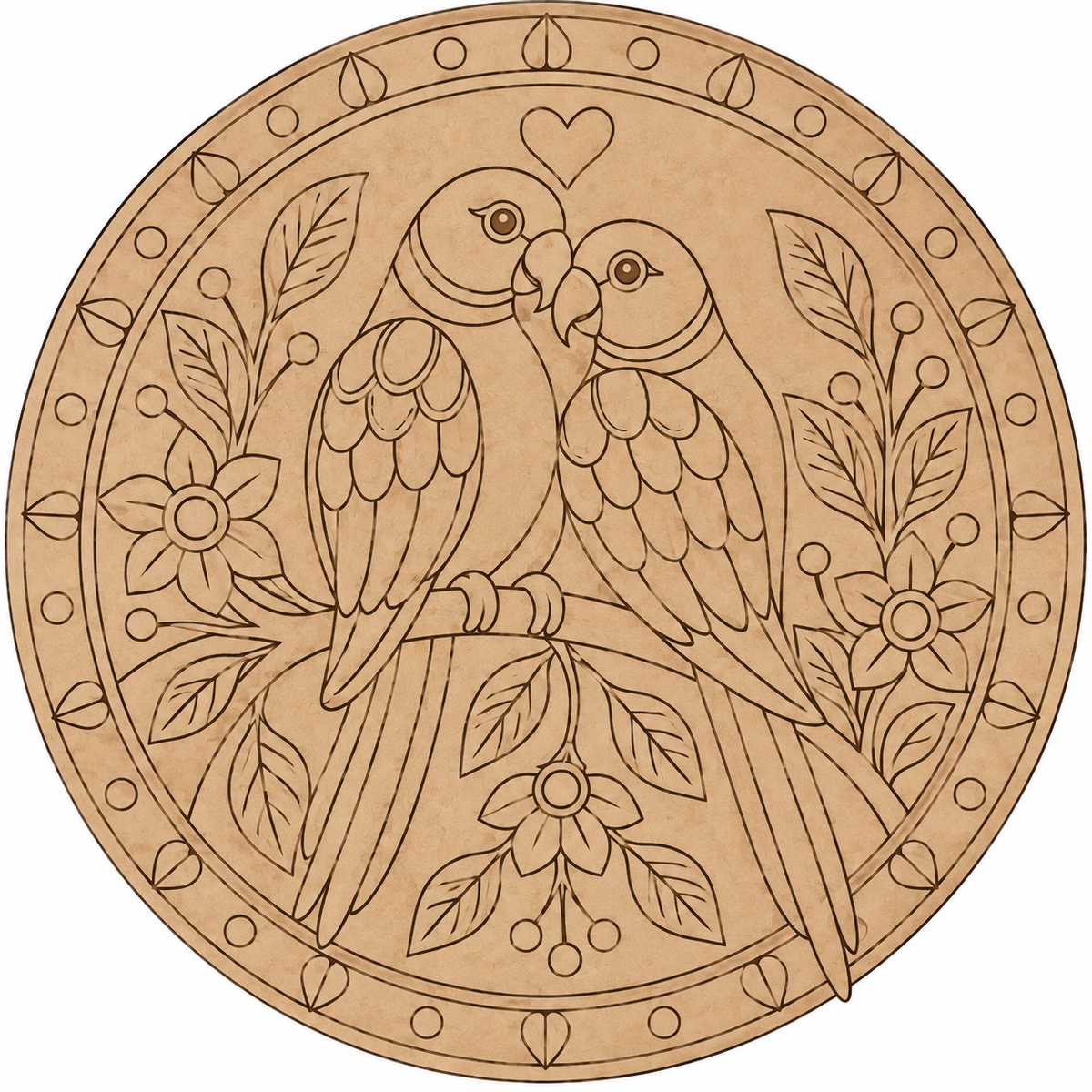 Madhubani Love Birds Parrot Couple with Floral Garden Engraved MDF Wall Art - DIY - Pre-Marked MDF