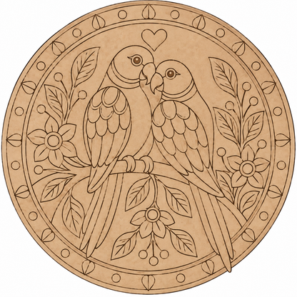 Madhubani Love Birds Parrot Couple with Floral Garden Engraved MDF Wall Art - DIY - Pre-Marked MDF