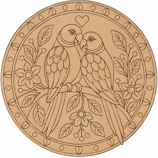 Madhubani Love Birds Parrot Couple with Floral Garden Engraved MDF Wall Art - DIY - Pre-Marked MDF