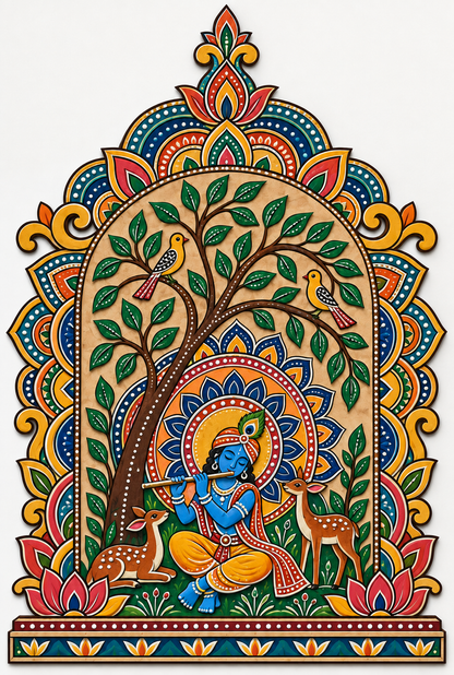 Kerala Mural Krishna Playing Flute in Vrindavan Mandala Jharokha Engraved MDF Wall Art - DIY - Pre-Marked MDF