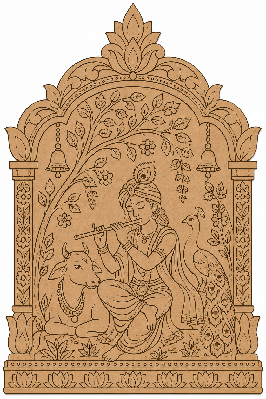 Govinda Krishna with Sacred Cow and Peacock Temple Bell Jharokha Engraved MDF Wall Art - DIY - Pre-Marked MDF