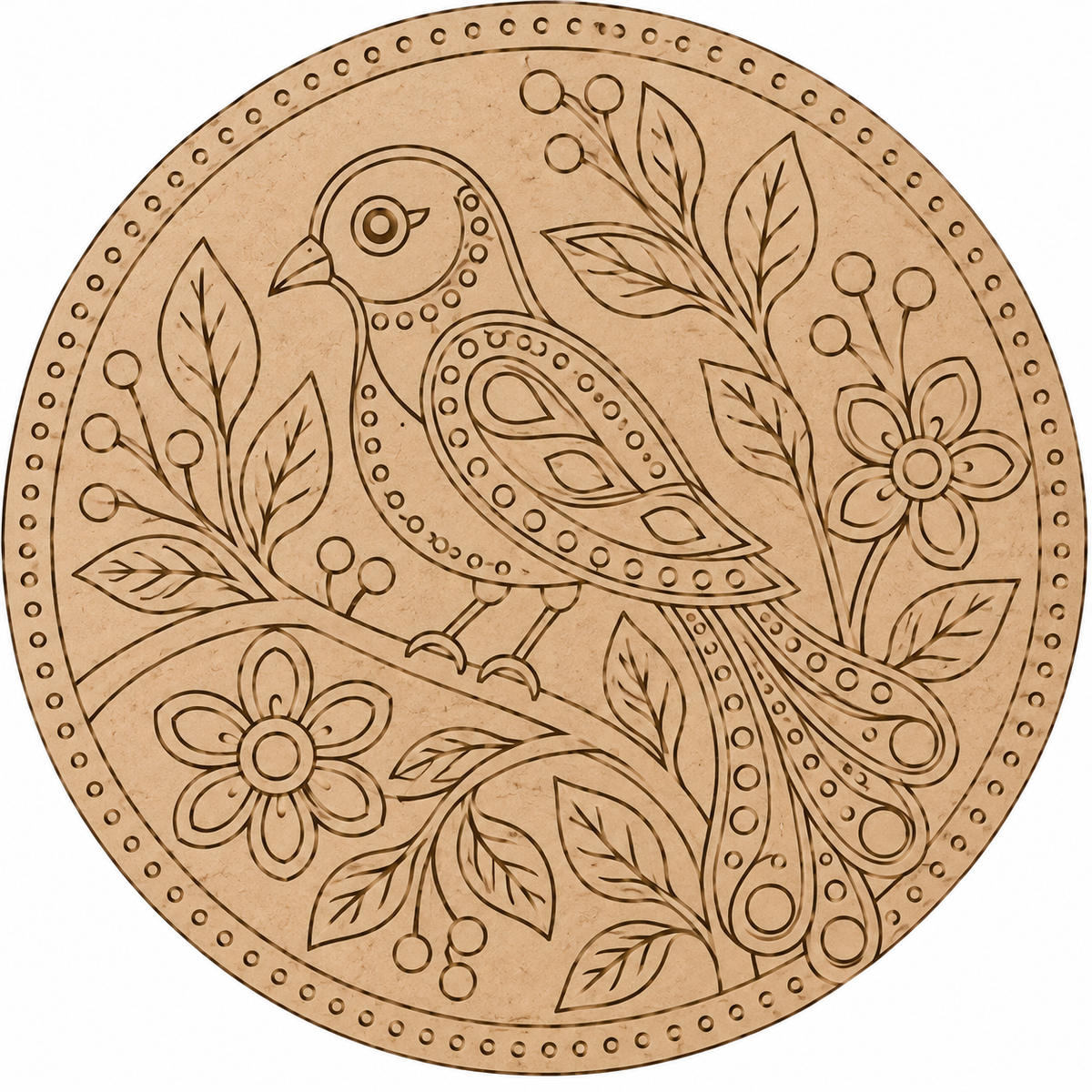 Meenakari Bird on Branch with Floral Garden Engraved MDF Wall Art - DIY - Pre-Marked MDF