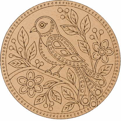 Meenakari Bird on Branch with Floral Garden Engraved MDF Wall Art - DIY - Pre-Marked MDF