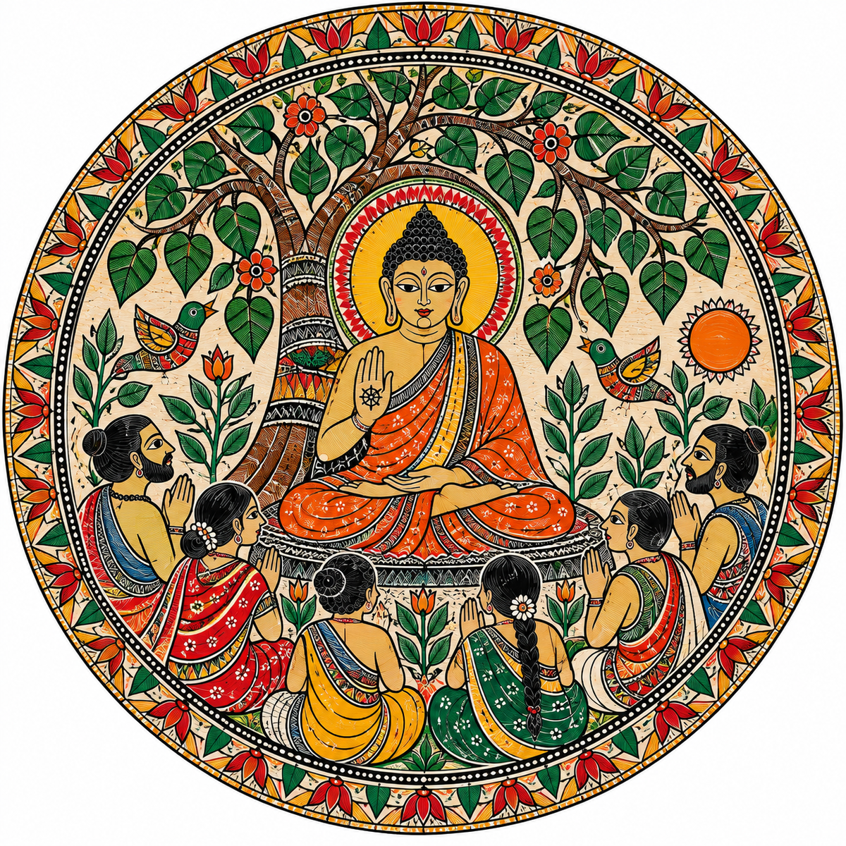 Pattachitra Buddha Under Bodhi Tree with Floral Garden & Devotees Engraved MDF Wall Art  - DIY - Pre-Marked MDF