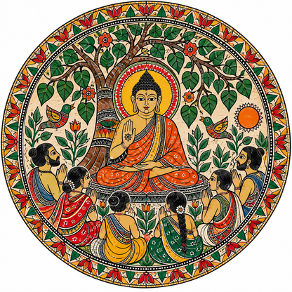 Pattachitra Buddha Under Bodhi Tree with Floral Garden & Devotees Engraved MDF Wall Art  - DIY - Pre-Marked MDF