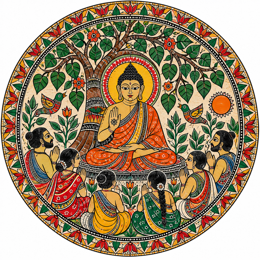 Pattachitra Buddha Under Bodhi Tree with Floral Garden & Devotees Engraved MDF Wall Art  - DIY - Pre-Marked MDF
