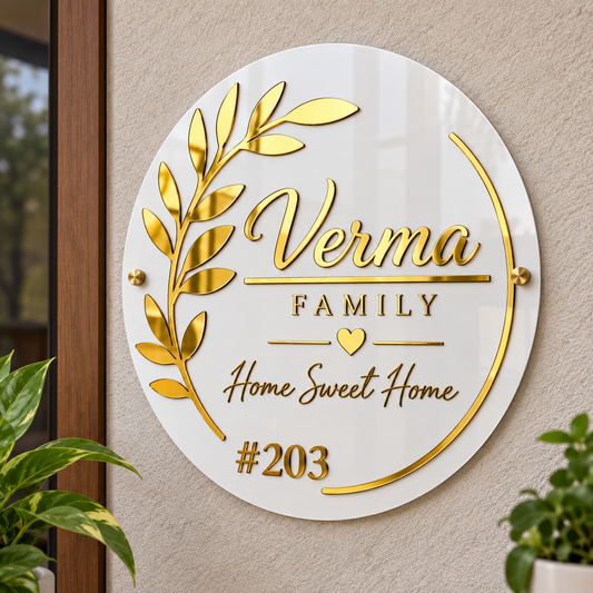 Round personalized acrylic nameplate with gold family name and house number on a home entrance