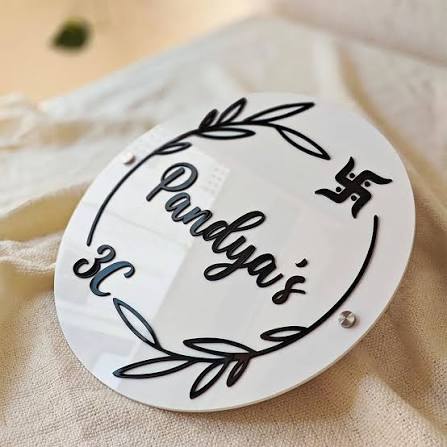 Personalized Round Backlit Name Plate with Swastik - White+Black Acrylic