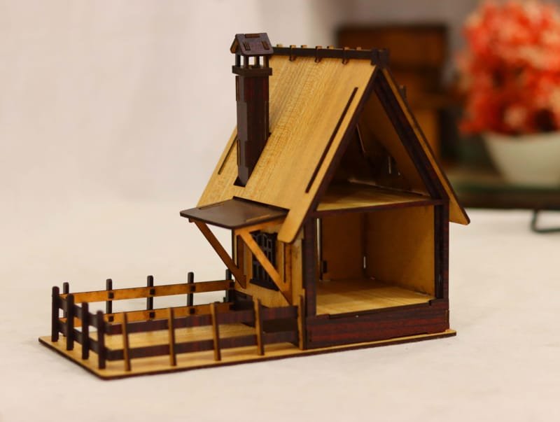DIY Wooden Miniature Farmhouse Model with Fenced Yard