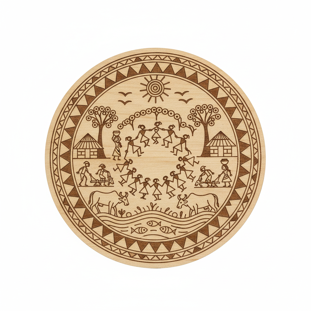 Warli Village Life Round MDF Wall Art – Laser-Engraved Tribal Folk Art Circular Wood Panel- - DIY - Pre-Marked MDF
