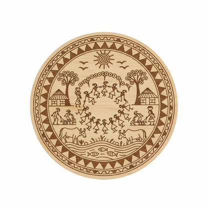 Warli Village Life Round MDF Wall Art – Laser-Engraved Tribal Folk Art Circular Wood Panel- - DIY - Pre-Marked MDF