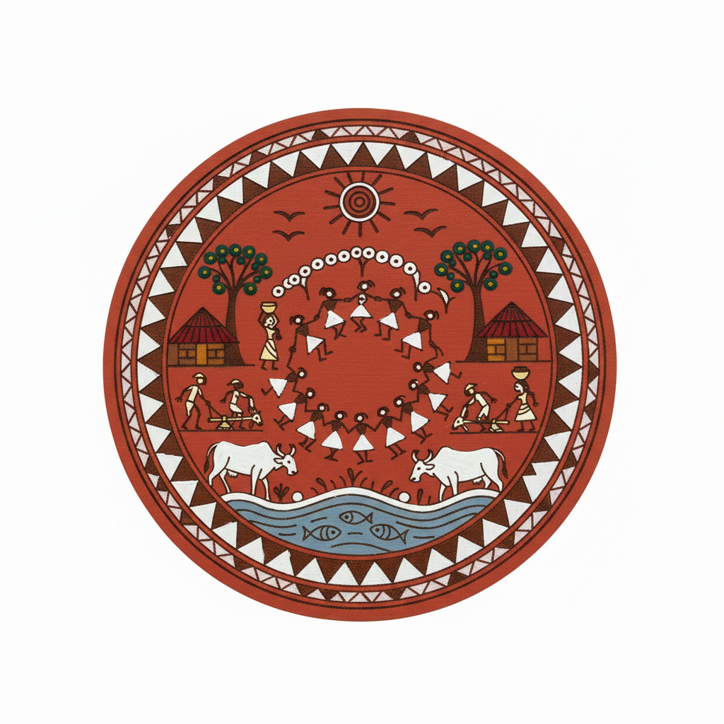 Warli Village Life Round MDF Wall Art – Laser-Engraved Tribal Folk Art Circular Wood Panel- - DIY - Pre-Marked MDF