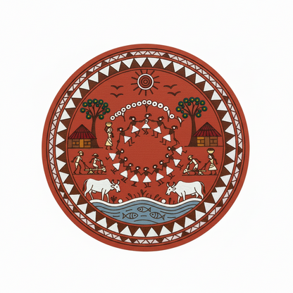 Warli Village Life Round MDF Wall Art – Laser-Engraved Tribal Folk Art Circular Wood Panel- - DIY - Pre-Marked MDF